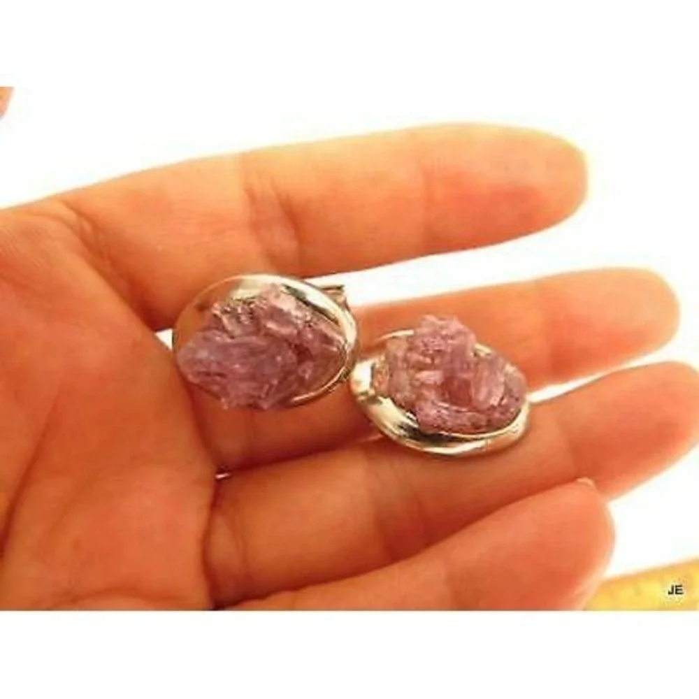 Vintage Men's Raw Amethyst Rock Crystal Gem Silver Plated‎ Cufflinks
